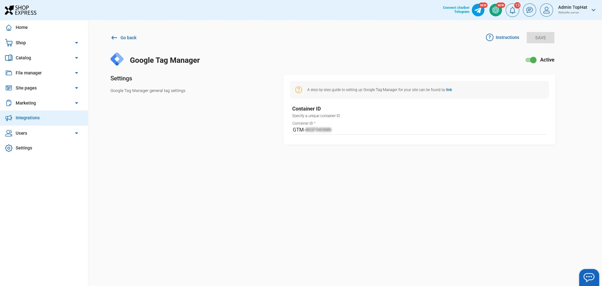 connection Google Tag Manager in Shop Express