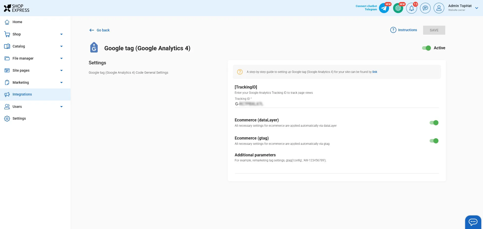 connection Google Analytics 4 in Shop Express